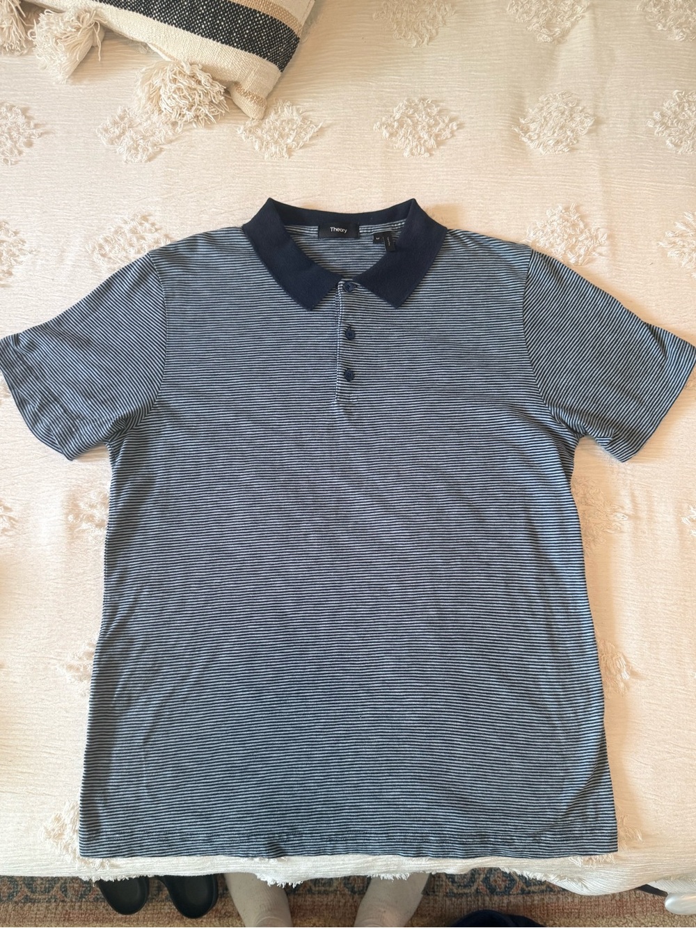 Theory Men's Thin-Striped Polo in Light Blue with Navy Collar